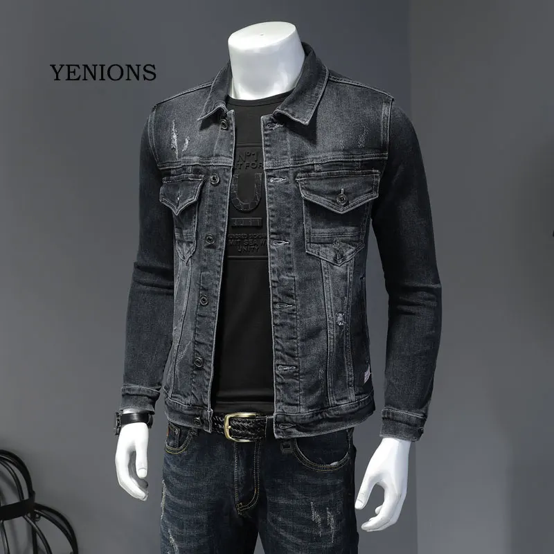 Mùa Xuân Nam Denim Áo Xanh Dương Xám Cotton Turndown Cổ Áo Dài Tay Ôm Quần Áo Xe Máy Da Bò Jeans Nam Thương Hiệu