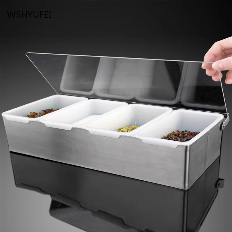 American stainless steel seasoning box set kitchen salt seasoning box 4 grid household fashion luxury exquisite kitchen utensils