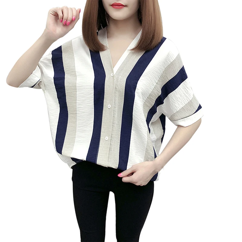 Women Striped Blouse Shirt Half Sleeve Blouse V-neck Shirts Casual Tops Blouse et Chemisier Femme Blusas Mujer de Moda