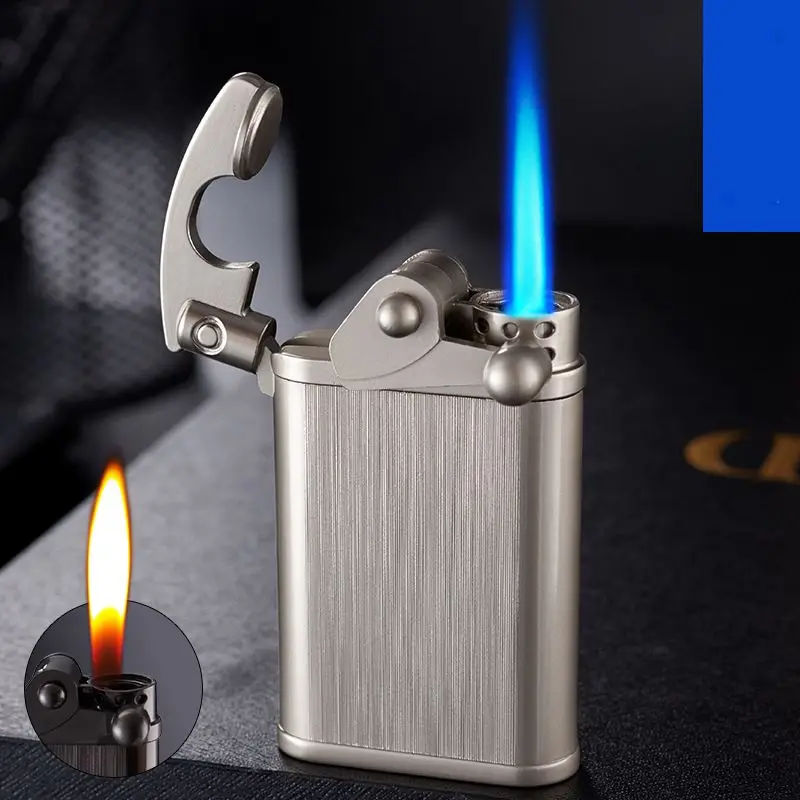 2022 Mới Đá Cánh Tay Đôi Ngọn Lửa Bật Lửa Gas Butane Chống Gió Mở Ngọn Lửa Kim Loại Turbo Bật Lửa Nam Hút Thuốc Tiện Ích Tặng