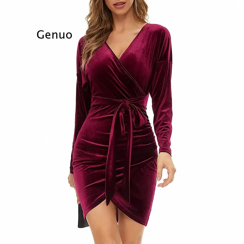 

Autumn sexy thickening mini dress women Fashion lantern sleeve V-neck collect waist short dress Solid ruched mini dress