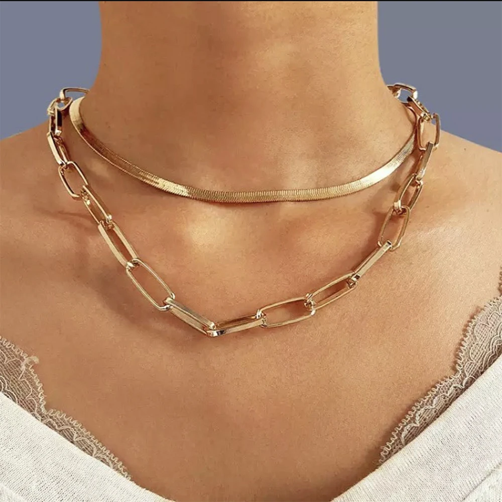 Vintage geometryczny Link Chain naszyjnik dla kobiet Gothic Punk złoty kolor Chunky gruby Choker naszyjnik Fashion Party biżuteria