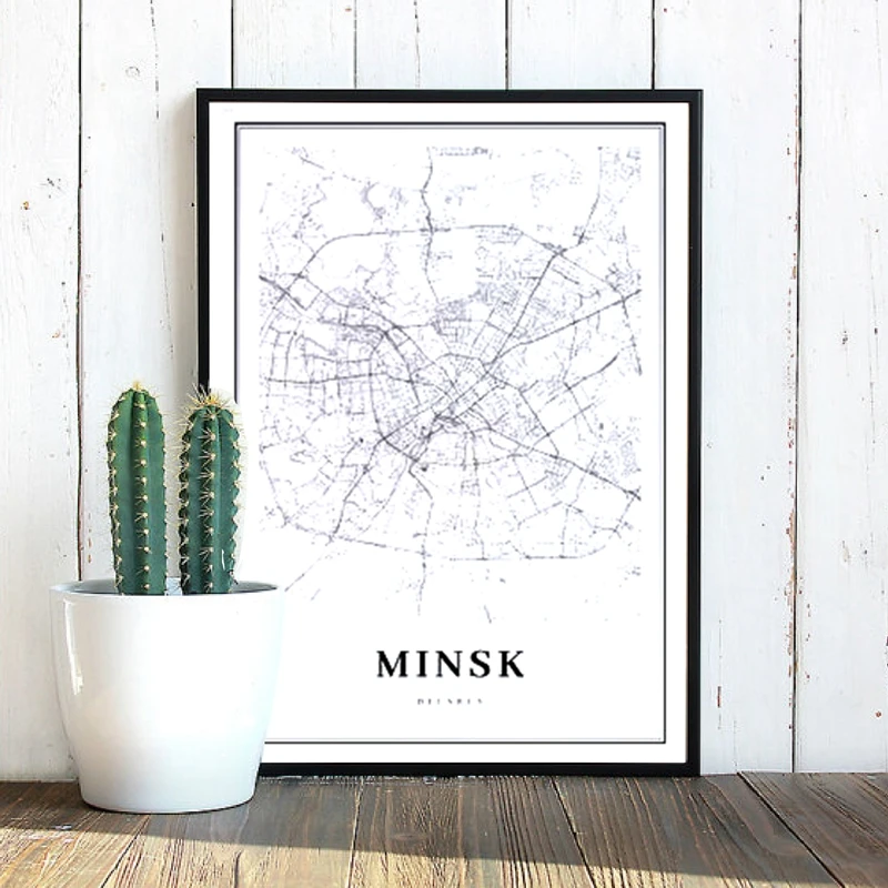 Black White Minsk Map Canvas Poster Минск Belarus City Street Road Map Print Modern Wall Art Picture Painting Belarus Home Decor