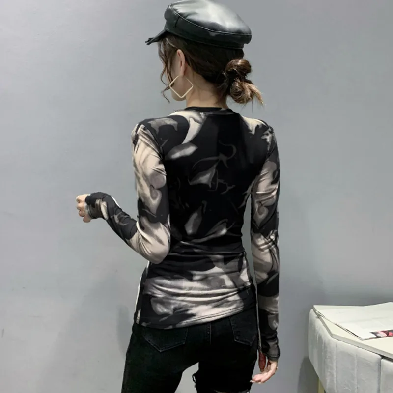 #8103 Long Sleeve T Shirt Women O Neck Tie Dyed Printed Women's T-Shirt Sexy Vintage Basic Mesh Top Slim Stretch Women T-shirt 