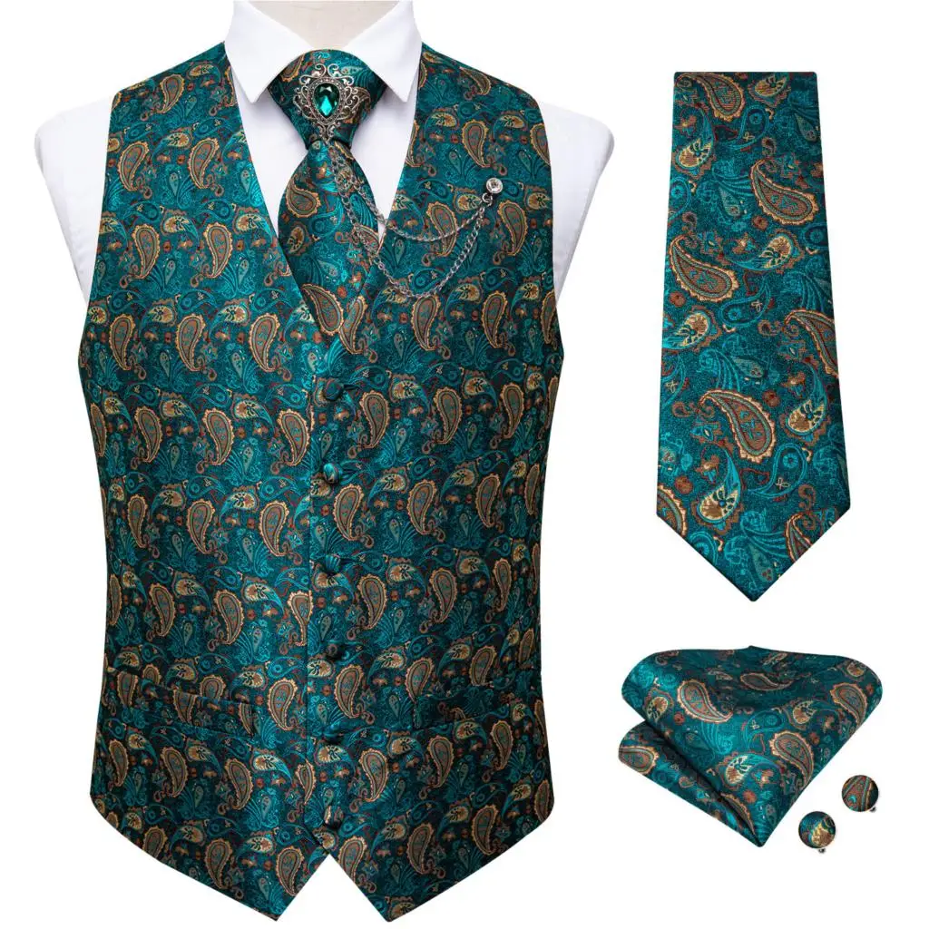 Baru Teal Hijau Paisley 100% Sutra Gaun Formal Rompi Pria Setelan Rompi Rompi Dasi Bros Saku Persegi Set untuk Tuksedo DiBanGu