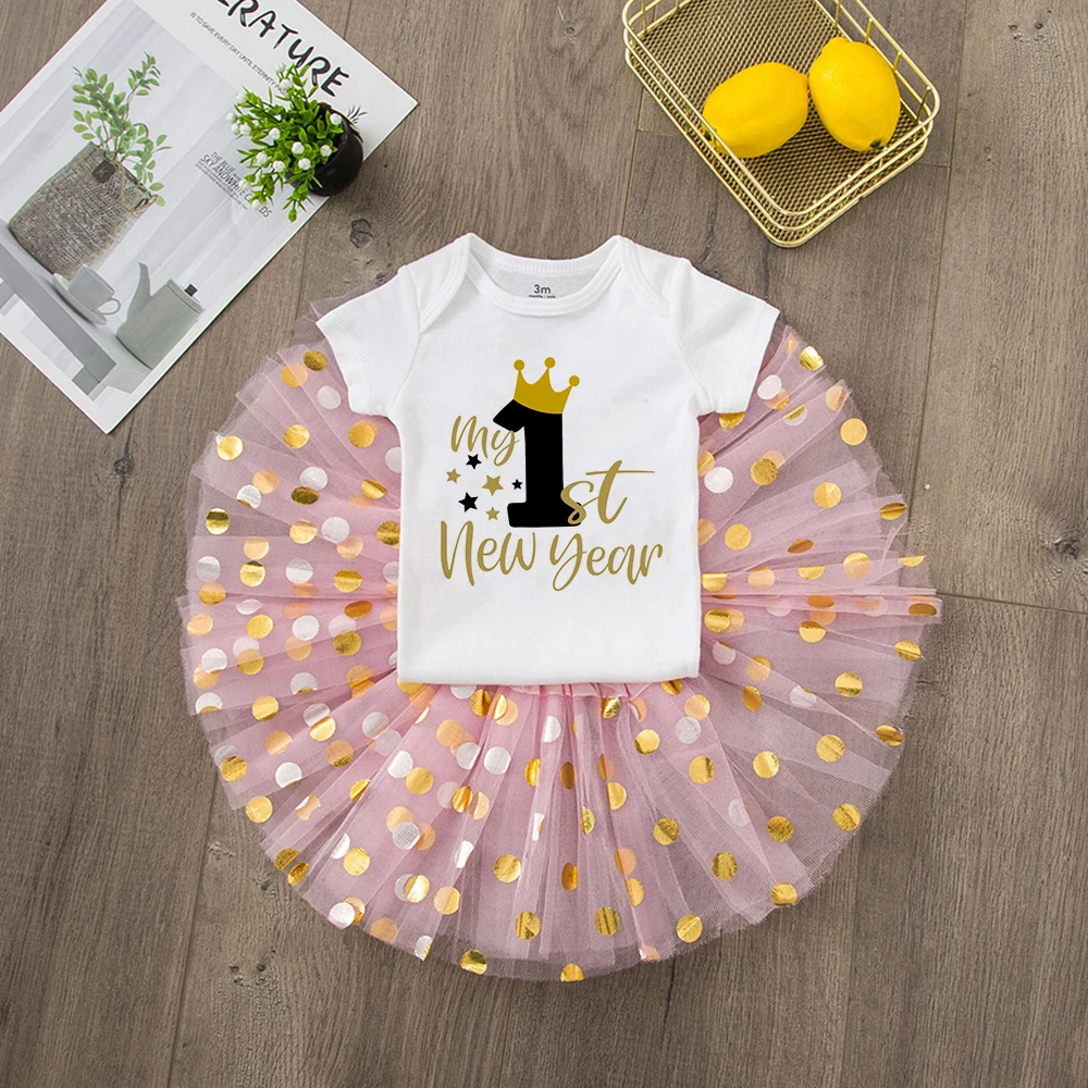 My First New Year Newborn Girl Cake Dresses Short Sleeve Romper Fashion Bodysuit Baby Girl Outfit Clothes New Year Holiday Gift