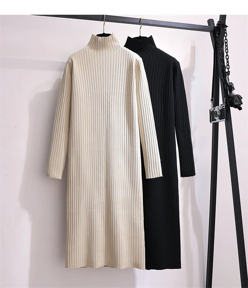 

Women's Knitted Dresses 2023 Autumn Winter New Long-sleeved Over-the-knee Mid-length Turtleneck Sweater Dress Vestidos Y609