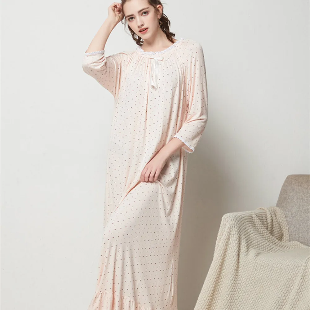 Fdfklak Spring Autumn Modal Nightgown Women Print Sleep Dress M-XXL Plus Size Loose Homewear Long Sleeve O-Neck Nightdress