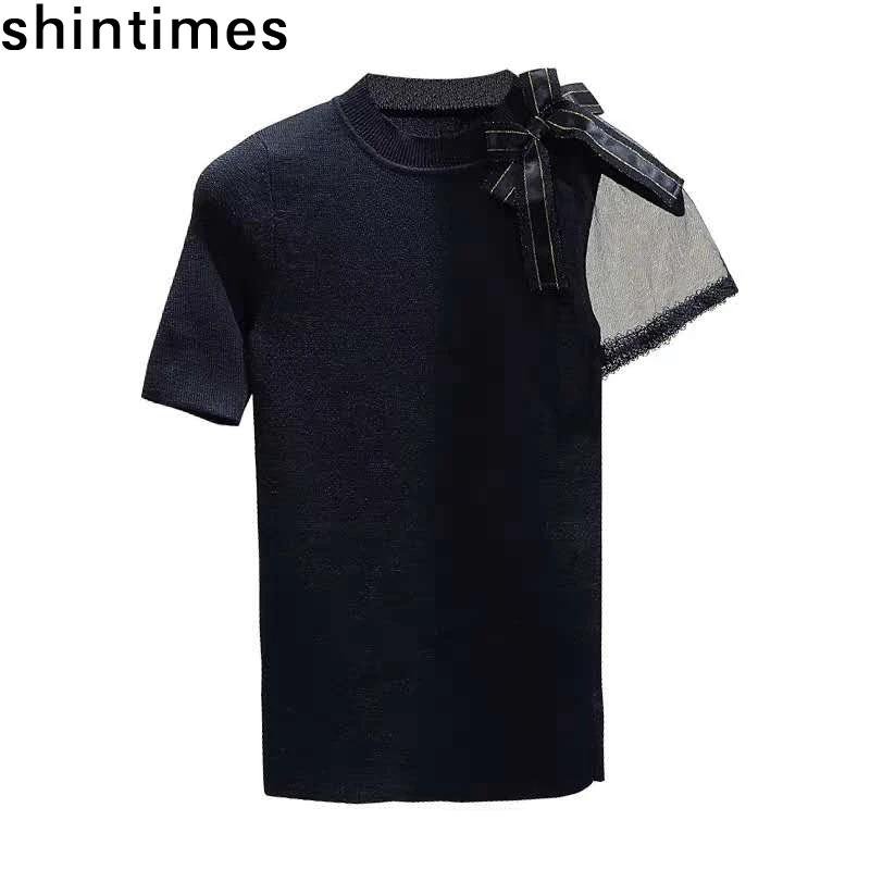Camisetas De Mujer Bow Knitted  T Shirt Women Mesh Patchwork Short Sleeve T Shirts Woman Clothes New 2022 Summer Tops Tee Shirt