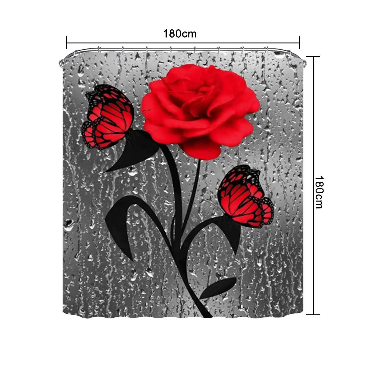 Juego de alfombrillas antideslizantes para baño, juego de cortina de ducha resistente al agua, alfombra de Pedestal, tapa de inodoro, alfombras, rosa y mariposa roja