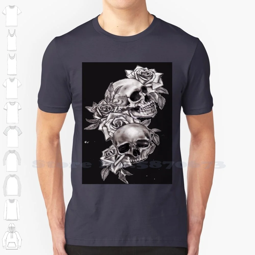 Double Skulls With Roses 100% Cotton T-Shirt Double Head Skulls With Roses