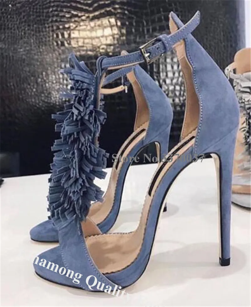 Linamong New Design Open Toe Suede Leather Tassels Stiletto Heel Gladiator Sandals Grey Fringes T-straps High Heel Sandals