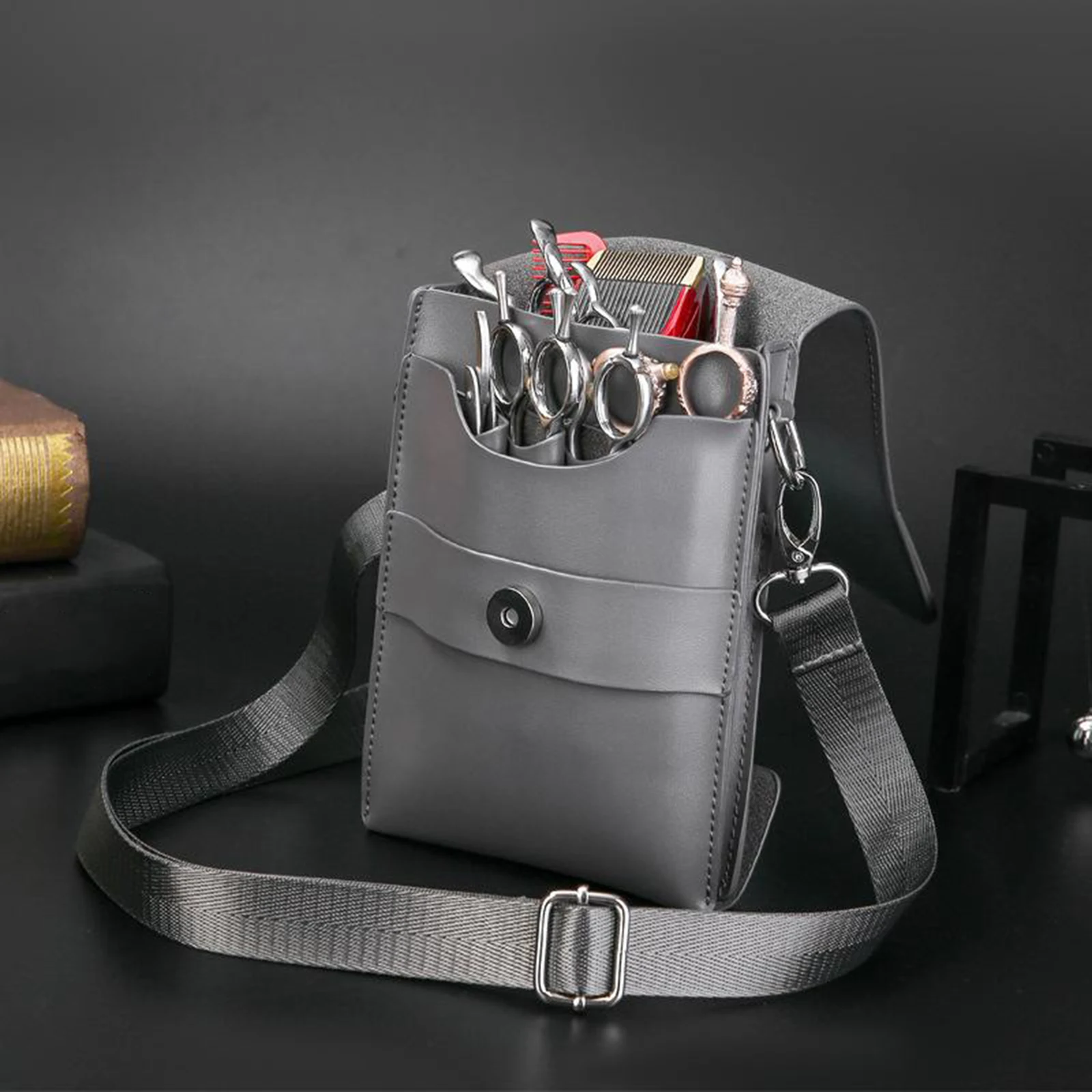 PU Leather Hair Scissor Bag Clips Bag Hairdressing Barber Scissor Holster Pouch Holder Case with Waist Shoulder Belt Brown