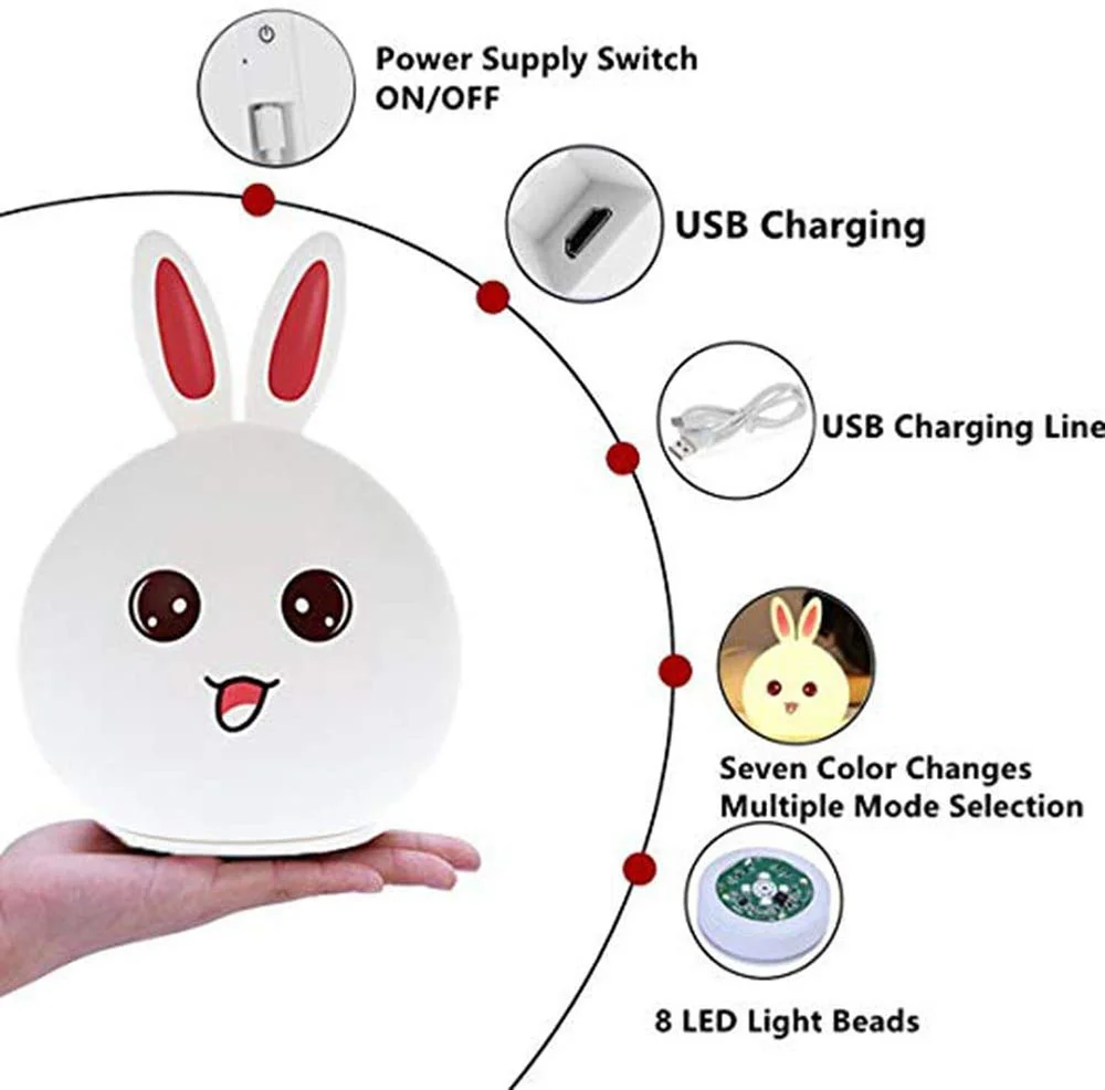 Cute Silicon Rabbit LED Night Lamp Baby Kid Bedside Light Touch Sensor 7 Color Rechargeable Nightlight For Bedroom Children Gift