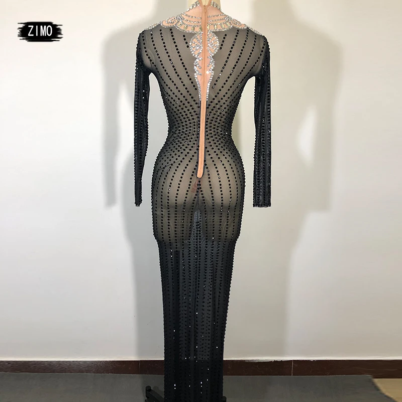 Silver Black Rhinestones mesh Transparent Dress Long Sleeves bar nightclub Women Dancer Show Birthday party Dress stage costume