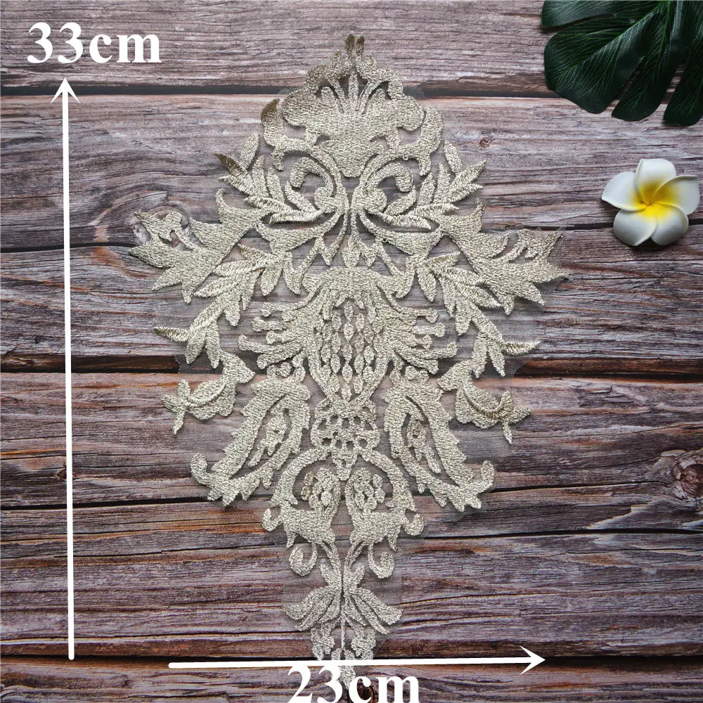 Gold Thread Lace Fabric Flora Embroidered Wedding Gown Appliques Baroque Collar Sew Patch For Dress DIY Decoration