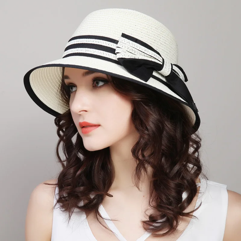 2021 Muchique Boater Hats for Women Summer Sun Straw Hat Wide Brim Beach Hats Girl Outside Travel Straw Cap Casual Bow Hat