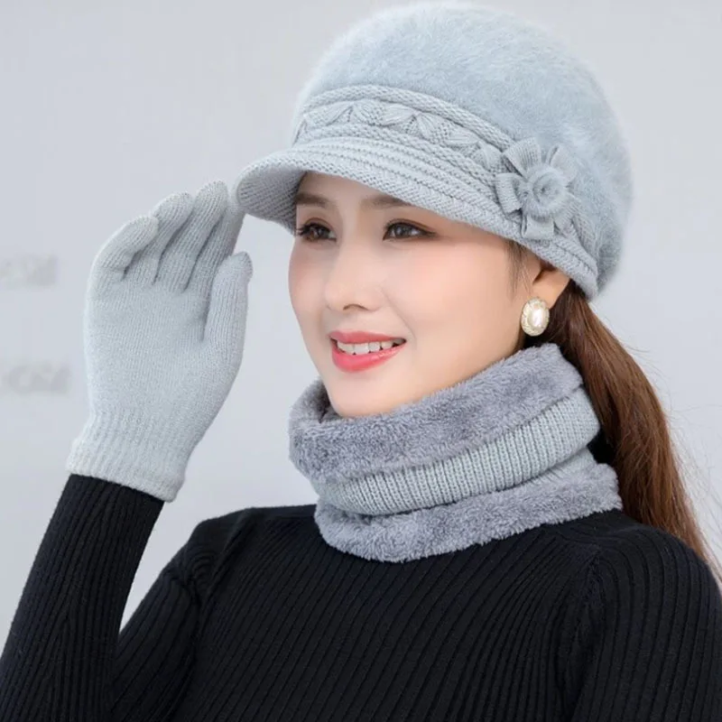 Winter hat female knitted rabbit fur hat bib glove suit flower beret middle-aged elderly plus velvet warm cap a gift for mother