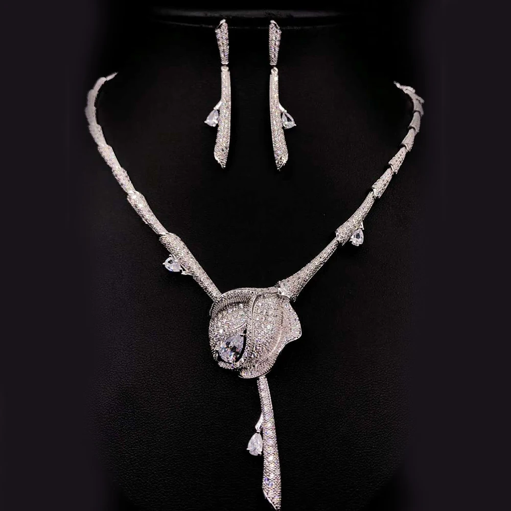 HIBRIDE Elegant Rose Flower Cubic Zirconia Big Jewelry Sets for Women Wedding Layered Earrings Necklace Sets Bijoux N-17