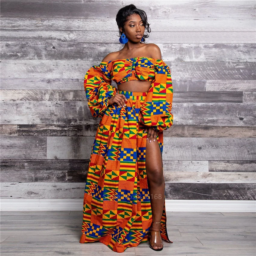 Sukienki afrykańskie dla kobiet Jesienny 2-częściowy zestaw Lady Pełny rękaw Ramię Off Festher Dashiki Print Split Spódnice Africna Clothes
