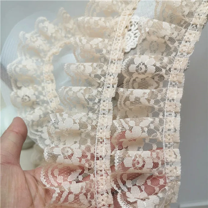 5cm Wide Exquisite Apricot 3d Pleated Cotton Embroidery Flowers Lace Folds Sewing Collar Applique Ruffle Dress Trim Fringe Decor