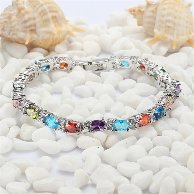 SHUNXUNZE Big Wedding Bracelet bangle For Women Red Pink Morganite Blue Yellow Peridot Purple Cubic Zirconia Rhodium Plated R675