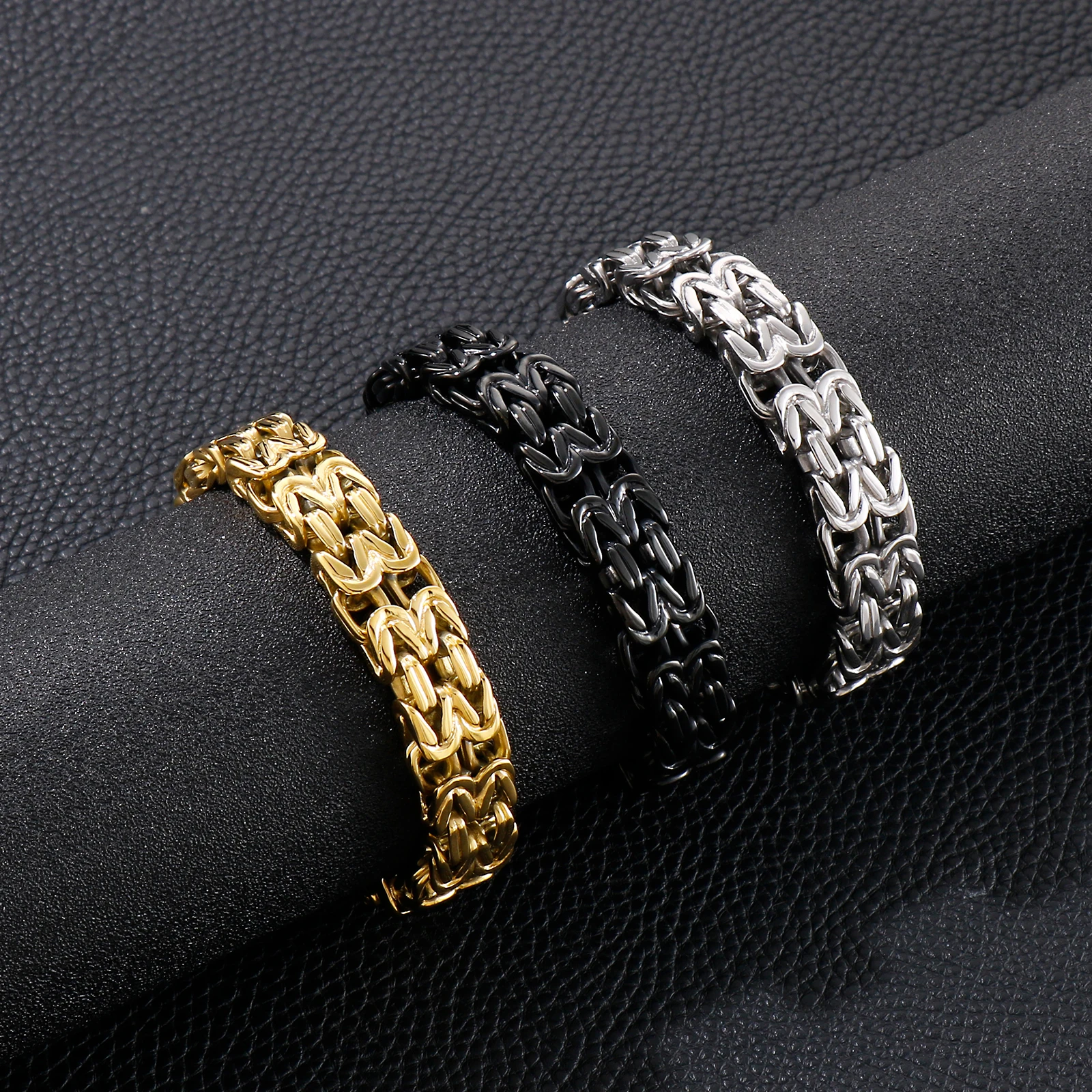 Fongten 22cm Byzantine Bracelets for Men Wave Stainless Steel Thick Chain Wristband Male Bangle Bracelet Multiple Color Jewelry