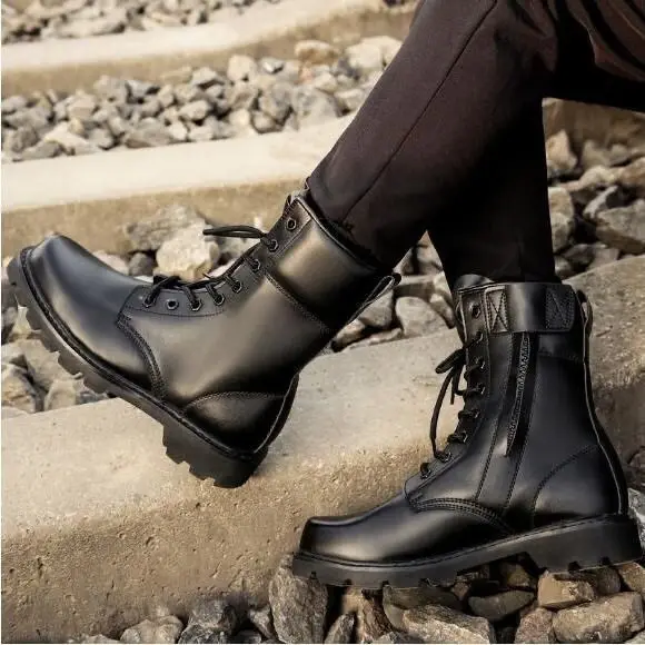 Steel Toe Men Boots Leather Safety Shoes for Men Spring Fashion Lace Up Black Ankle Platform Motorcycle Boots