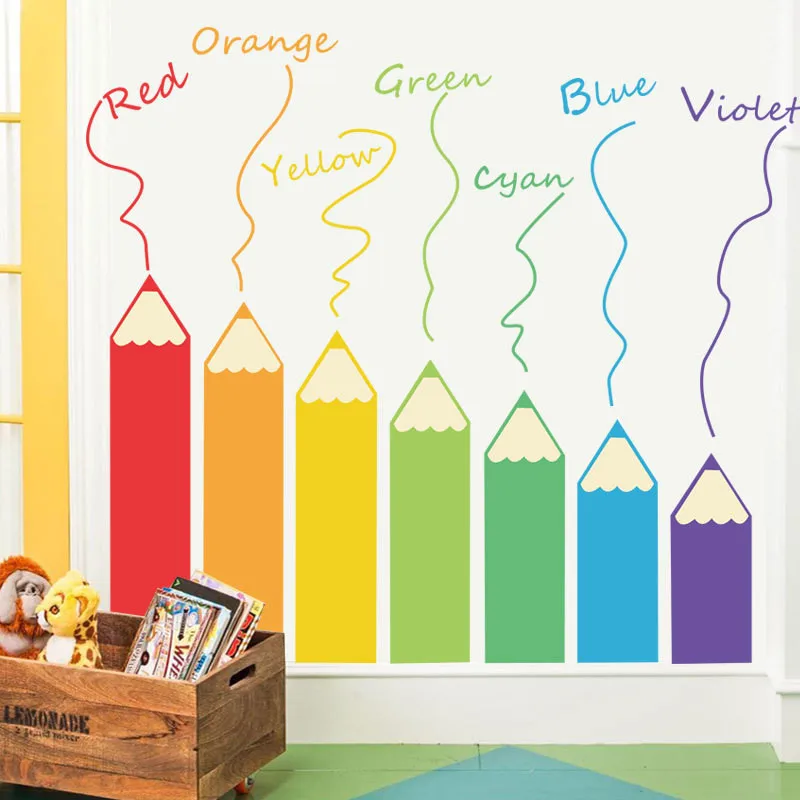 1 PC Cartoon Colorful Pencil Wall Stickers For Kindergarten Tutorial Class Wall Self-adhesive Painting Wallpaper Stickers Funny