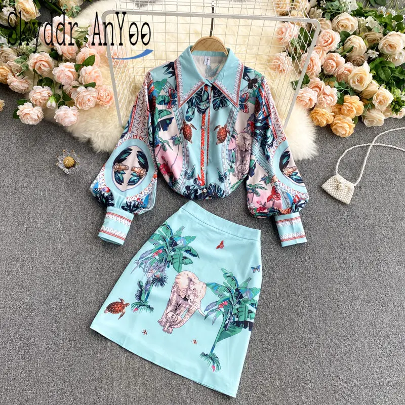 2021 Spring Two Piece Set Women\'s Suit Turn-down Colla Long Sleeve Blouse Tops And High Waist Shirts Vintage Printed Sets