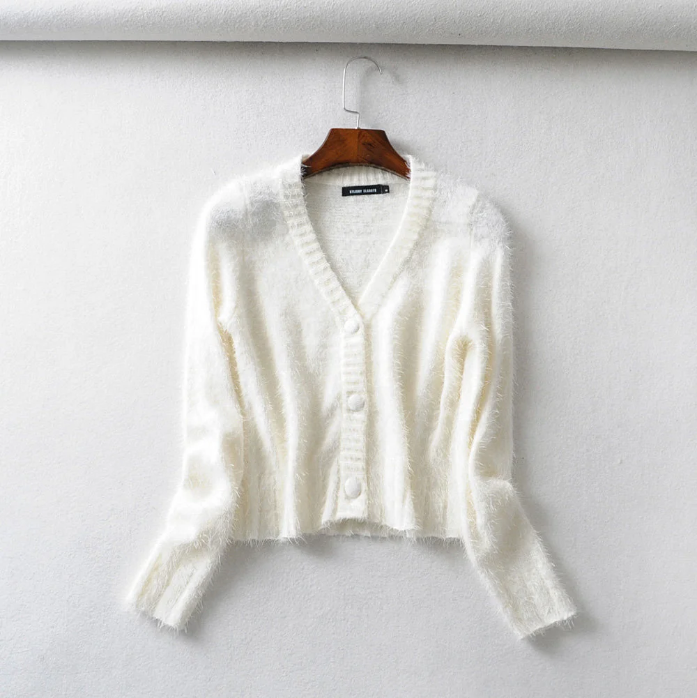 Fall Long Sleeve Top Vintage Knit Sweater Korean Style Cropped Cardigan V Neck Mohair Cardigan Preppy Furry Cardigan White Black