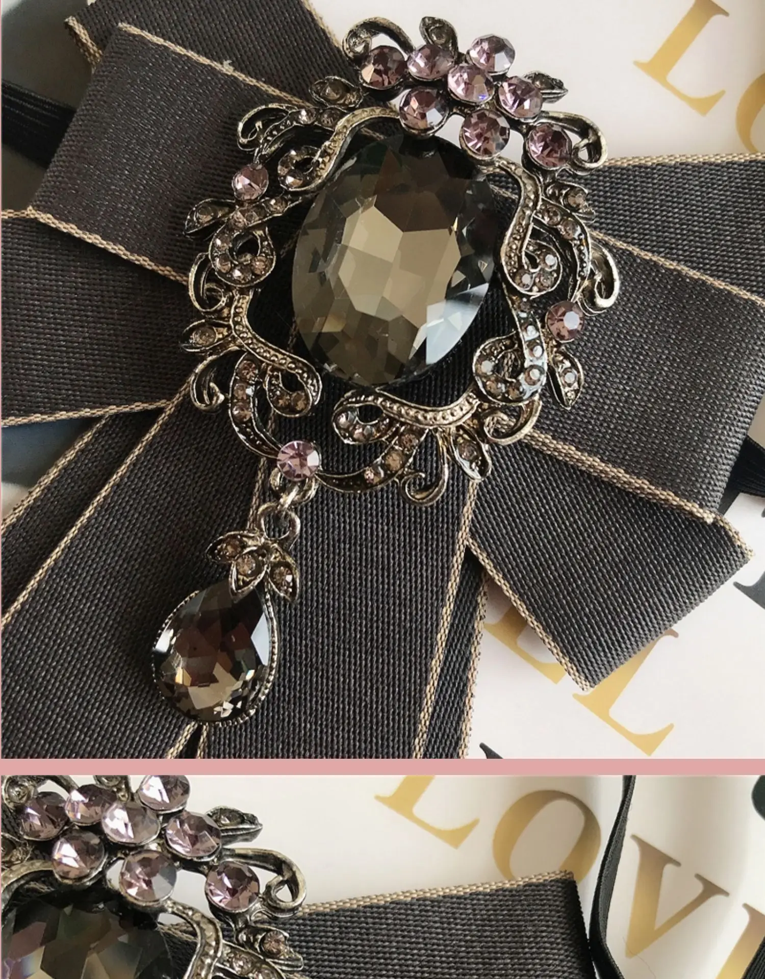Strass-Schleifenkrawatte für Damen – Abschlussfeier, Foto-Requisite, Schuluniform, Schleifenband, süße, literarische und künstlerische Karo-Schleifenkrawatte, Kragenblume – Detail 4