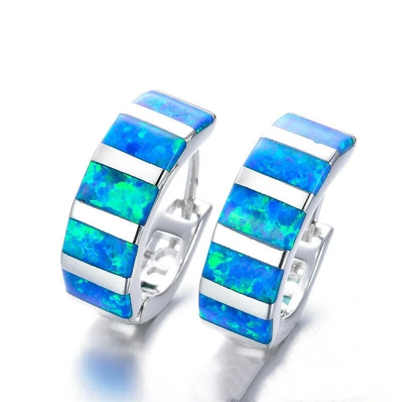 Fashion Silver Filled Blue Simulated Opal Hoop Earrings for Women Wedding