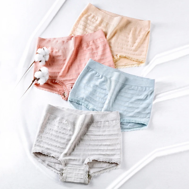 2Pcs Modal Seamless Women Panties Lace Intimate Lingerie Mid-rise brief sets Soft Girl Underwear Striped Underpants Japan Kawaii