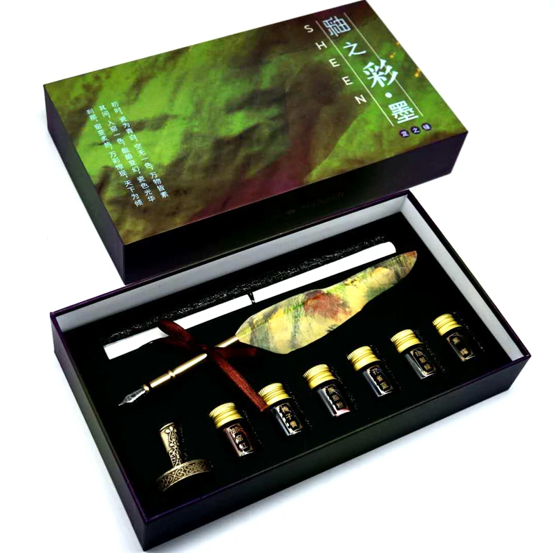 

Ostrich Glaze Color Sheen Color Ink Gold Powder Ink With Feather Pen Pen Holder Gift Box Set