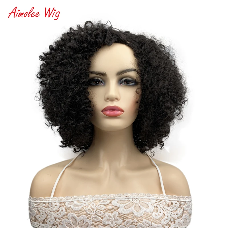 

Aimolee Dark Brown Kinky Curly Short Afro Synthetic Black Women Wigs Asymmetrical Fashion Short Hair