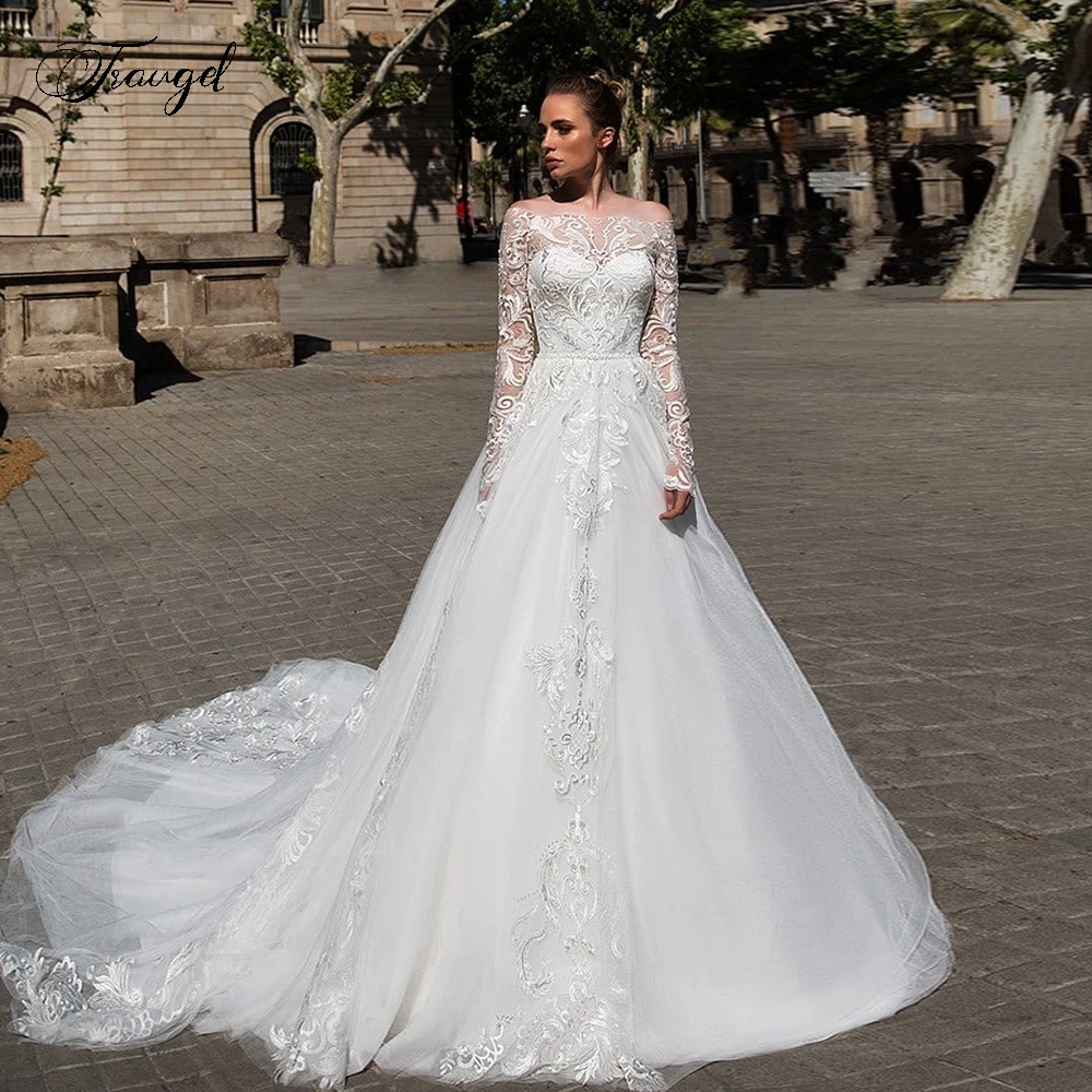 

Traugel Chic A-Line Princess Wedding Dresses Boat Neck Long Sleeve Vestido De Novia Beaded Lace Appliques Bridal Gowns