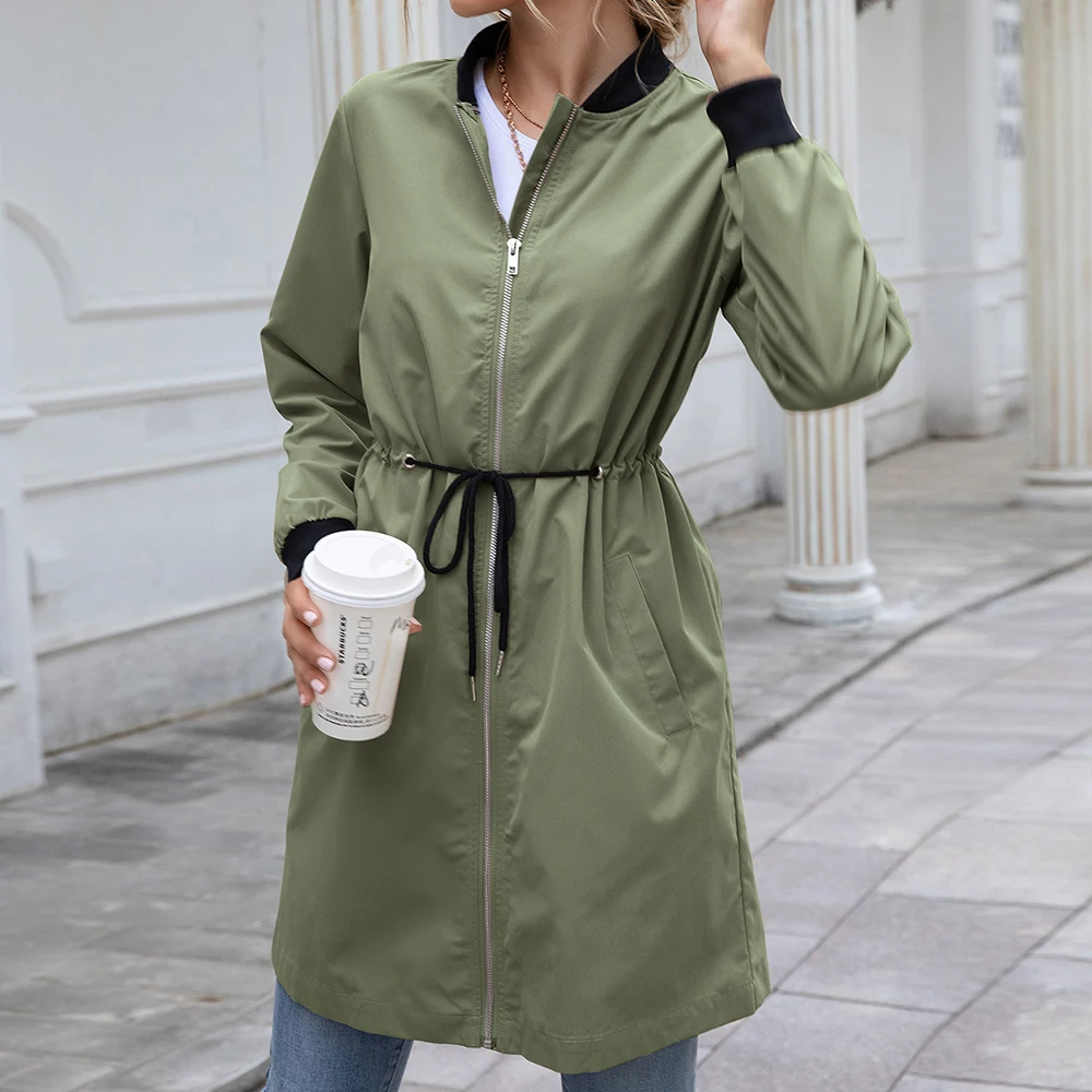 Women Outdoor Dust Coat Streetwear Slant Pocket Drawstring Waterproof Mid-length Trench Autumn Long Sleeve Stand Collar Cardigan