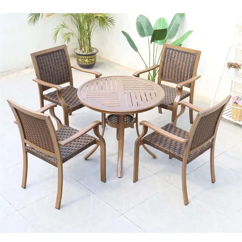 Good quality Outdoor Garden set aluminium woodlike color rattan wicker woven dinning Patio chair and table set for resturant