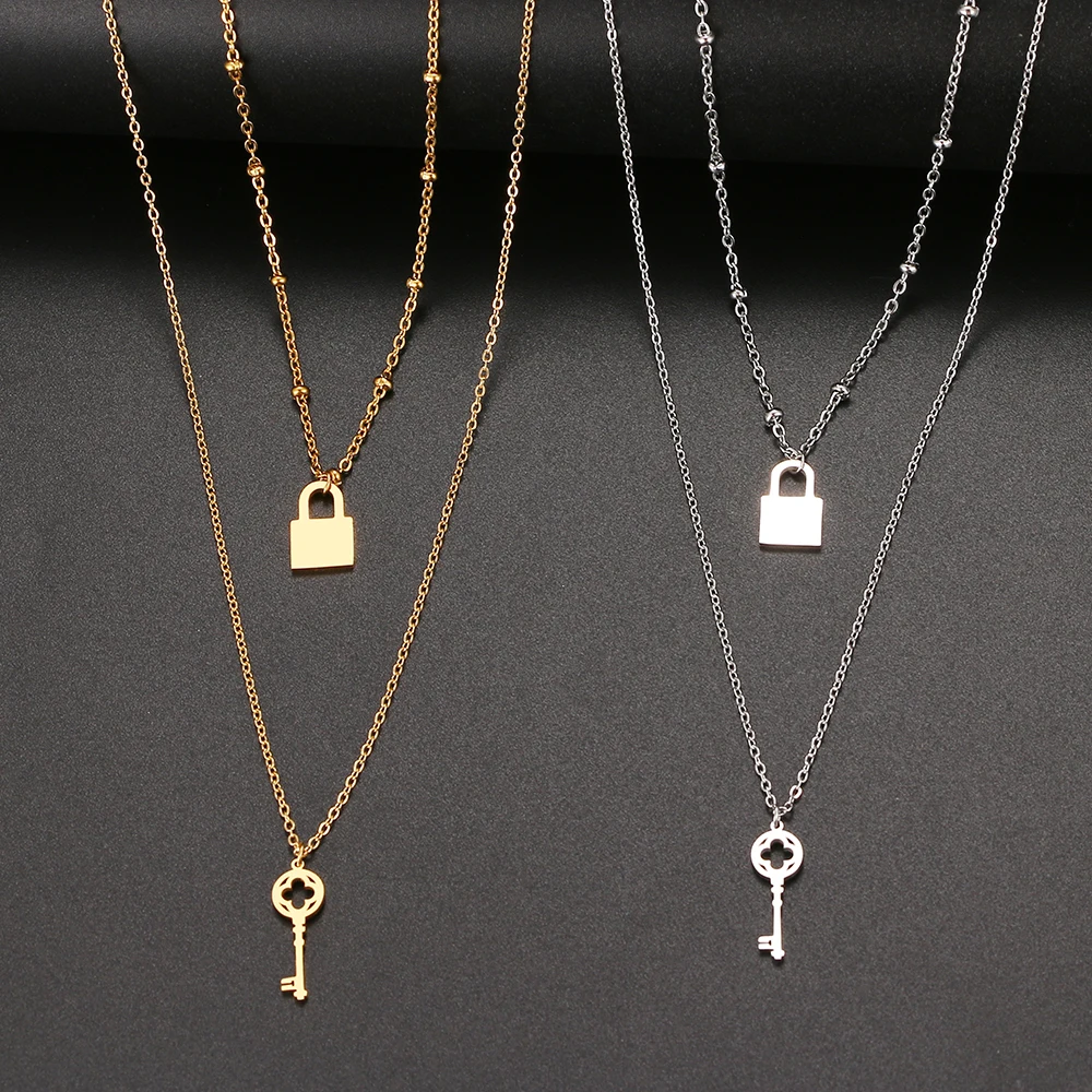 القلائد الفولاذ المقاوم للصدأ قلادة الموضة متعدد الطبقات نمط قفل مفتاح مطرز سلسلة قلادة للنساء مجوهرات هدايا صديق الحفلات #5