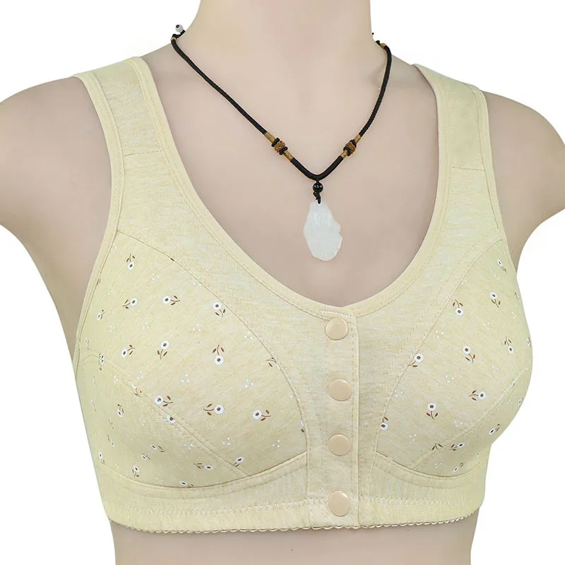 NY35 reggiseno per anziani e di mezza età in morbido cotone stampato da donna, di grandi dimensioni, senza biancheria intima con fibbia frontale ad anello in acciaio