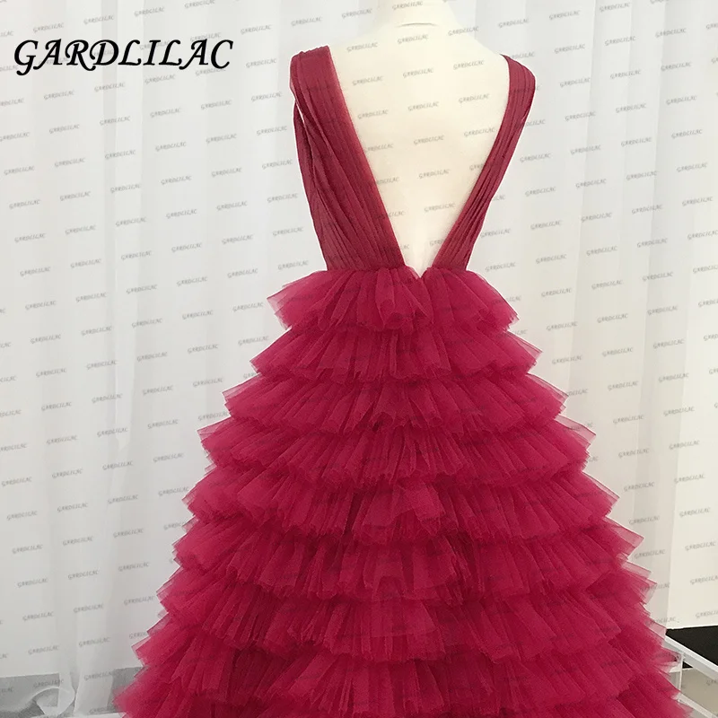 Gardlilac New Deep V-Neck Tulle Evening Dress 2021 Long Backless Tiered Tulle Prom Dress Formal Party Gown 2021 robe de soiree