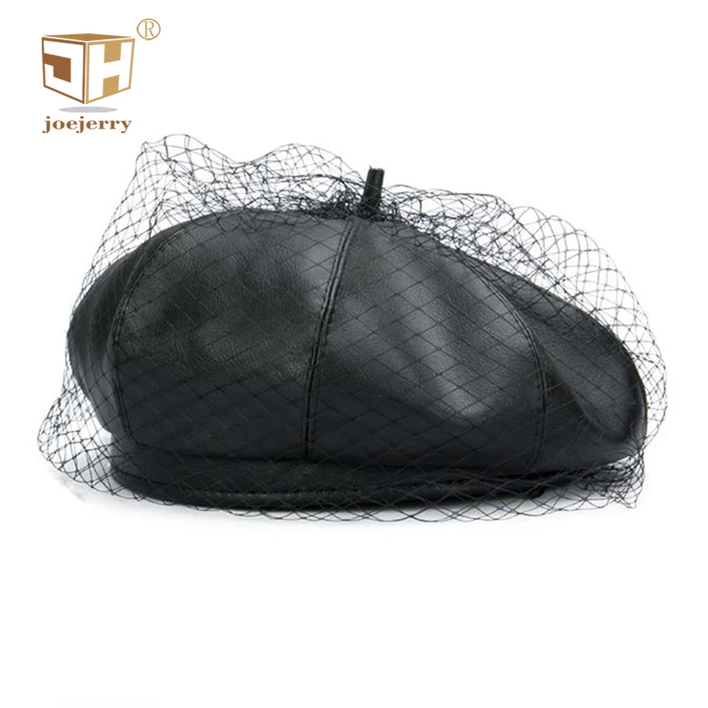 

Black Leather Beret French Hat With Veil Beret Beanies Cap For Women Party Hat