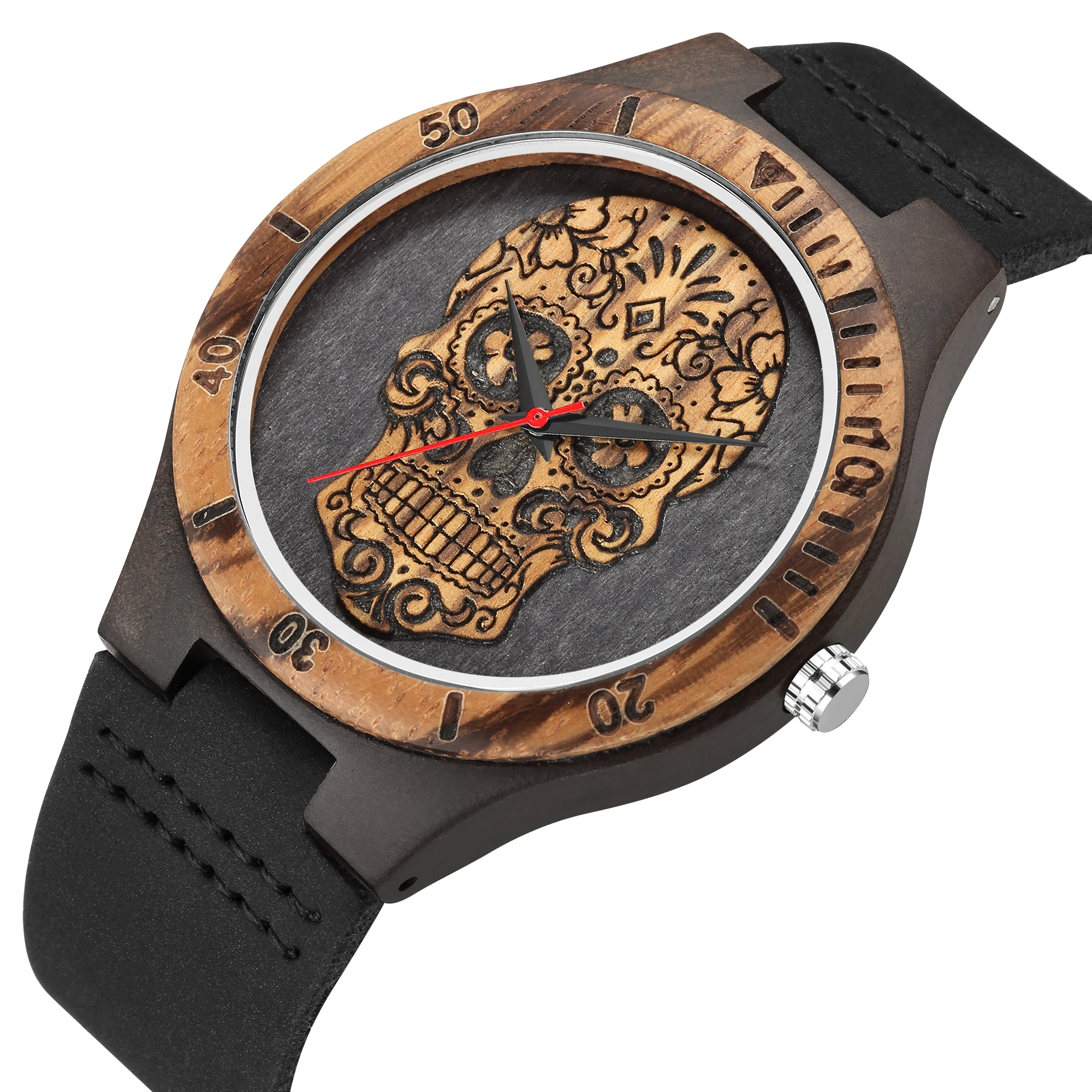 Men's Watches Wristwatch Creative 3D Skull Quartz Wood Watch Quartz Wrist Watch Halloween Clock Gifts Relogio Masculino