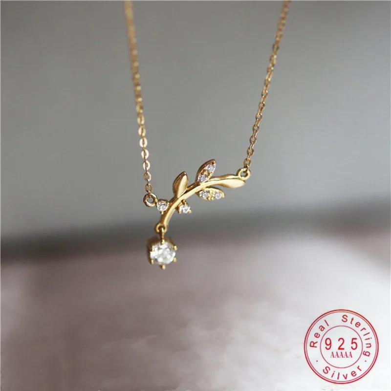 

925 Sterling Silver 14k Gold Plated Necklace Simple Temperament Olive Branch Leaf Pendant Necklace for Women