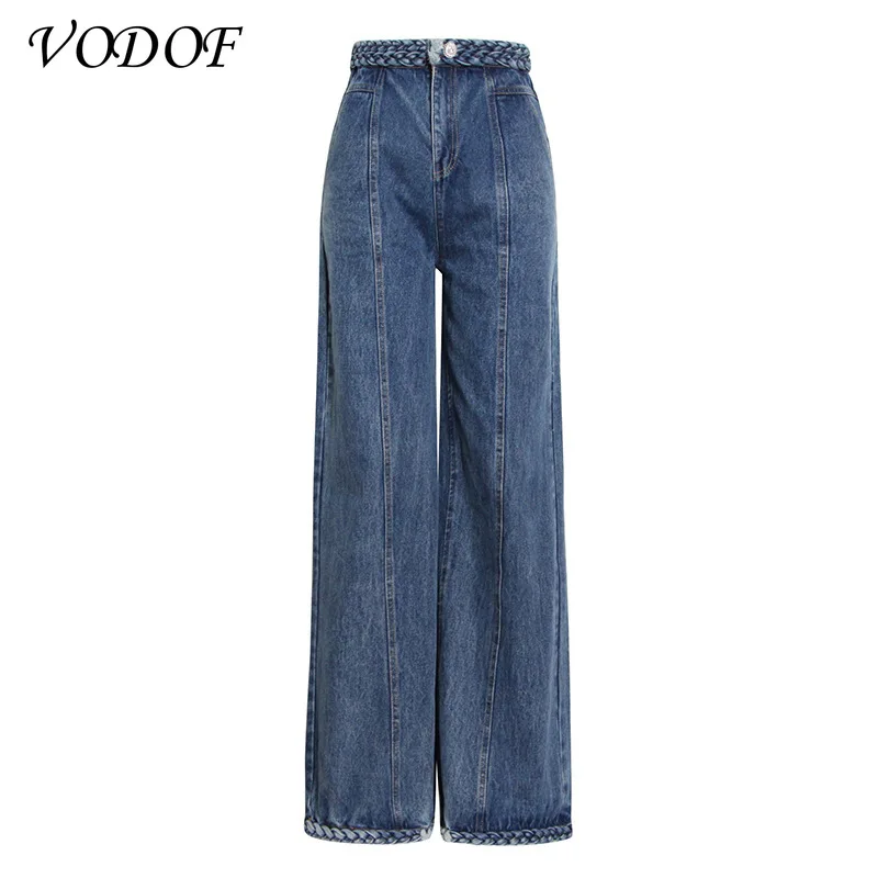 VODOF Casual Blau Denim Hosen für Frauen Hohe Taille Lose Gerade Volle Länge Jeans Weibliche 2021 Mode Kleidung