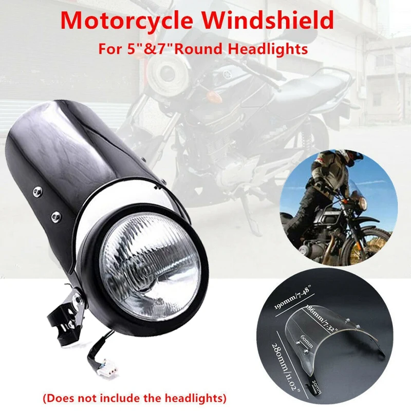 Motorcycle Windshields,Headlight Fairing Universal Windscreen W/Mount Bracket Fit 5 to 7inch Round Headlights,for Yamaha Suzuki