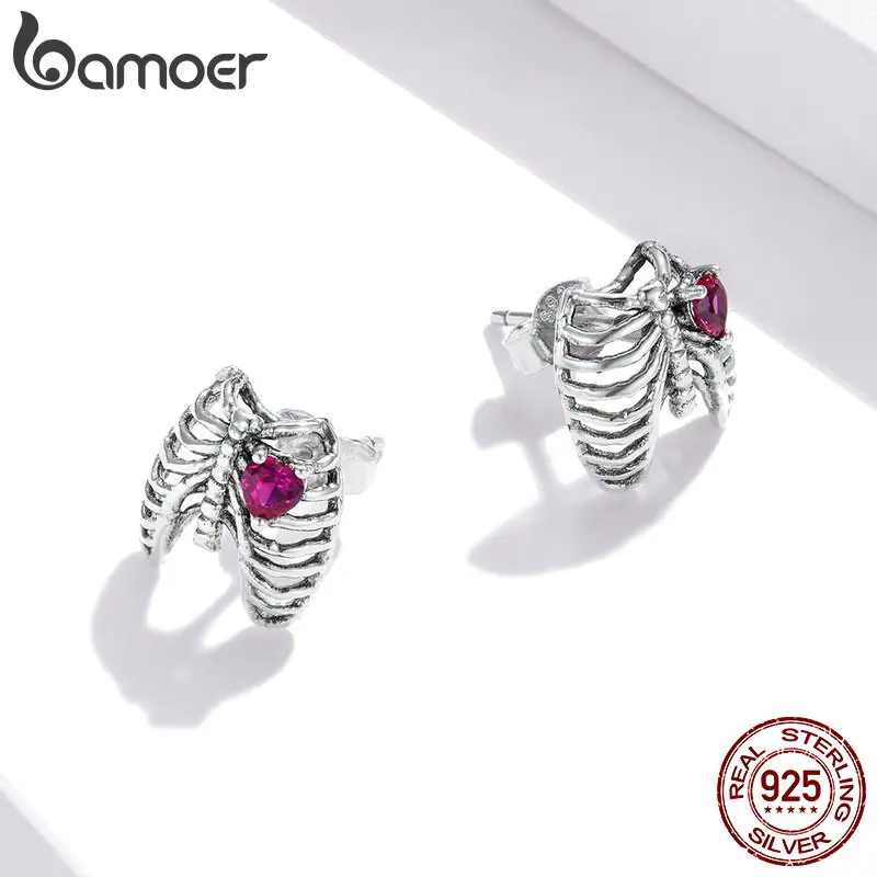 BAMOER Geometry Earrings 925 Sterling Silver Pink Heart Zircon Rib Stud Earrings for Women Cool Halloween Fashion Jewelry