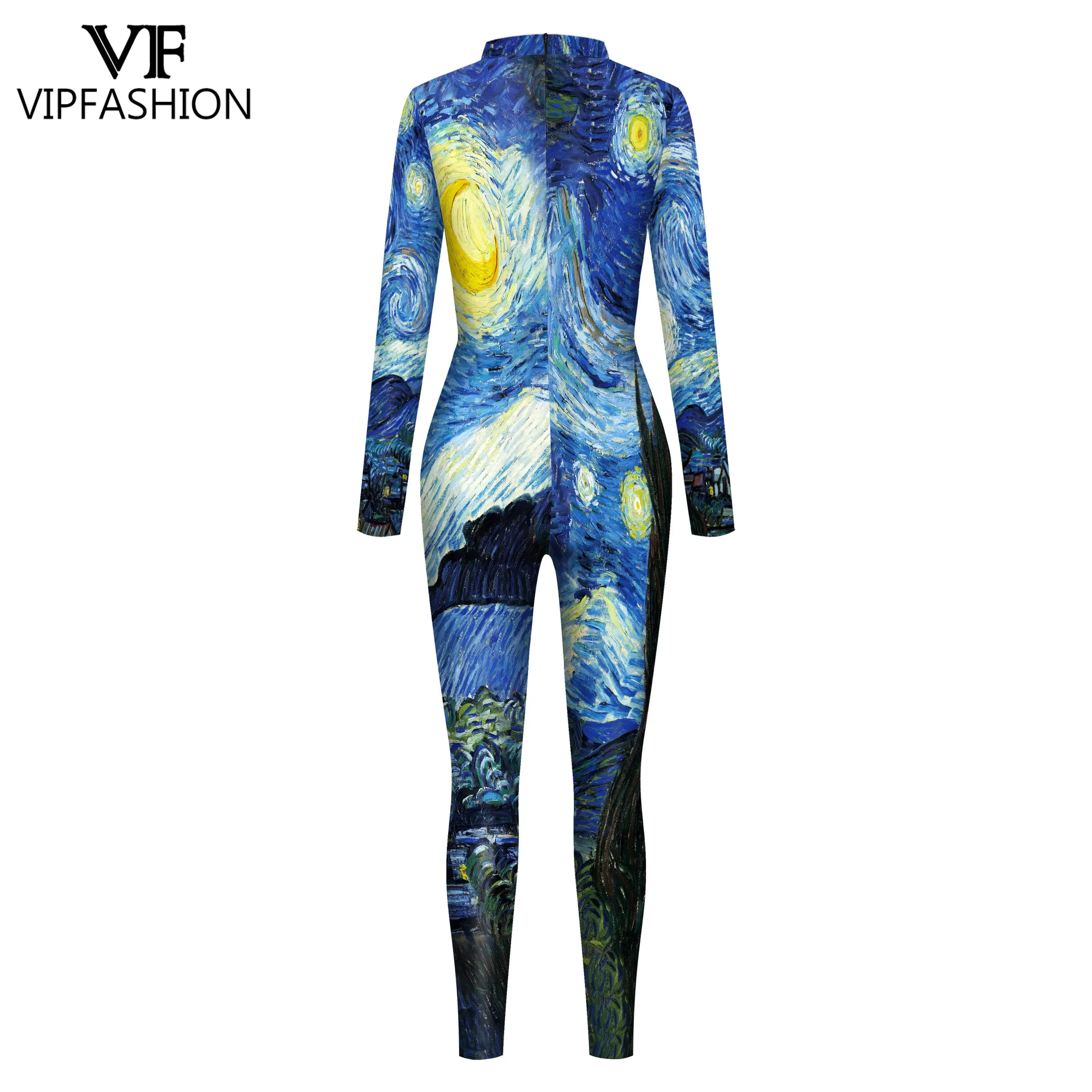 VIP FASHION New Women Printed Jumpsuits Van Gogh Star and Moon Night Painting Slim Catsuits Cosplay Costume Long Sleeve Bodysuit