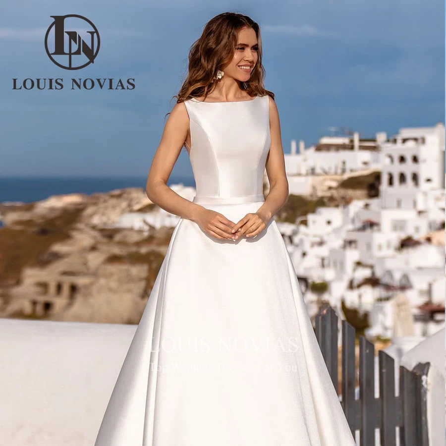 LOUIS NOVIAS Vestidos De Novia De satén para mujer, vestido De Novia Sexy Simple con cuello redondo y mangas, vestido De Novia bordado, Vestidos De Novia